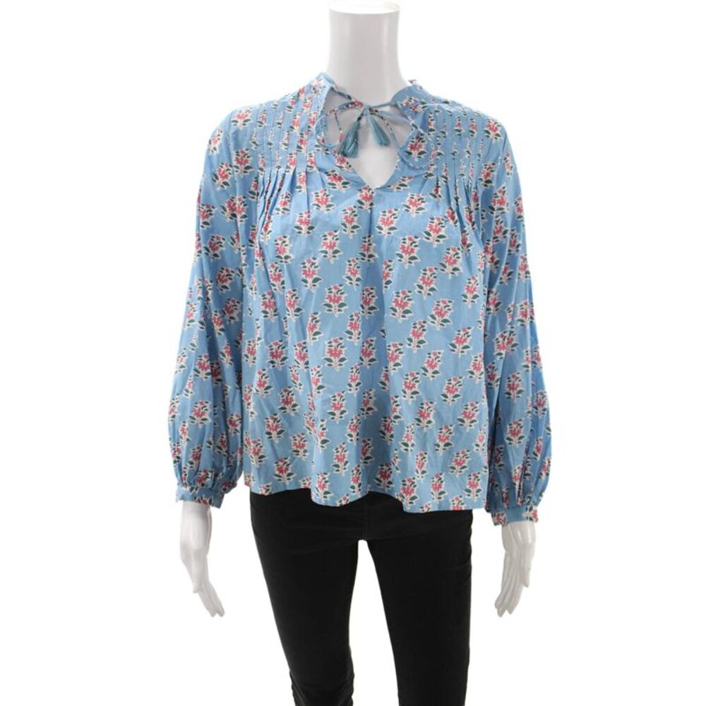 Marea Women Bohemian Floral Light Blue Cotton Long Sleeve Blouse Size XS